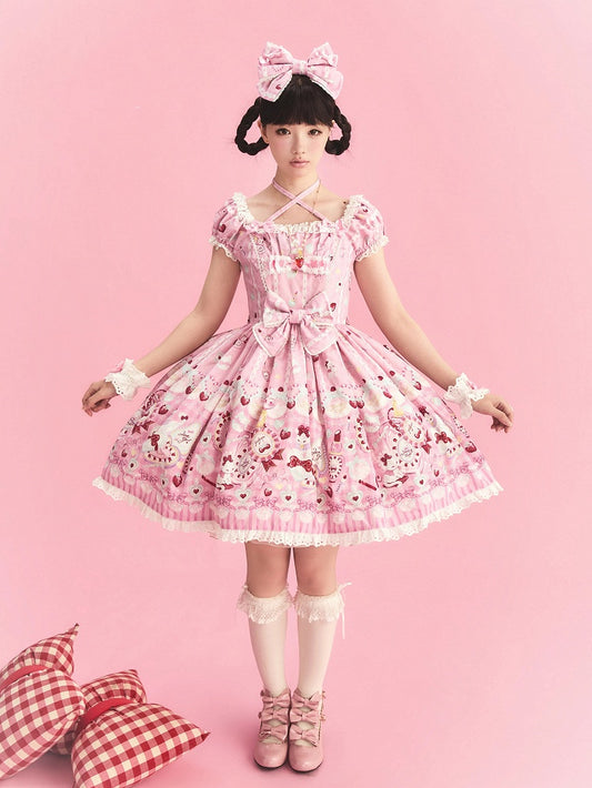 Cat Print Rose Sweet Lolita OP Dress with Removable Crisscross Halter Straps - Pastry Chef