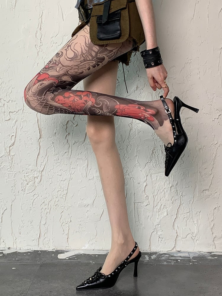 Design Fashion Asymmetrische Gyaru Tattoo Strumpfhose Nude Print Fisch