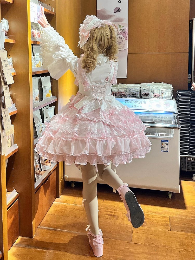 Prinzessinnenrock Hanayome Rosa Pulloverkleid Dekoration Lagen Lolita Weiß Herzförmig und Schleifen
