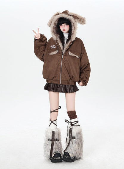 Padded Elastic Hem Hooded Ear with Brown Jacket Rabbit Cuffs