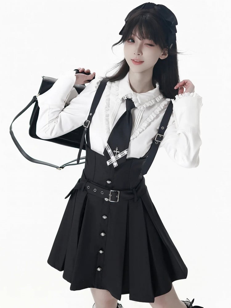 - Shirt Ruffled Preppy Trim Lace Chic Waist-Tailored with White
