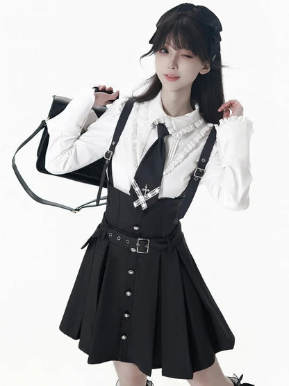 - Shirt Ruffled Preppy Trim Lace Chic Waist-Tailored with White