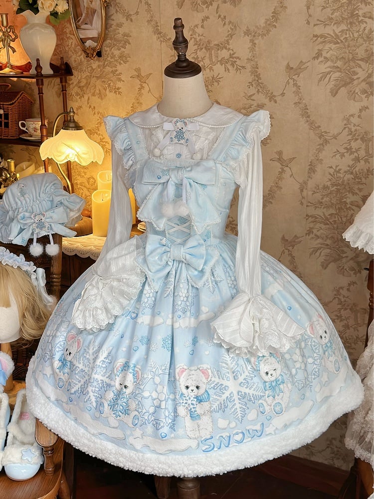 Snowflake Winter and Bear Blue Light Sweet Dress with Print Lolita