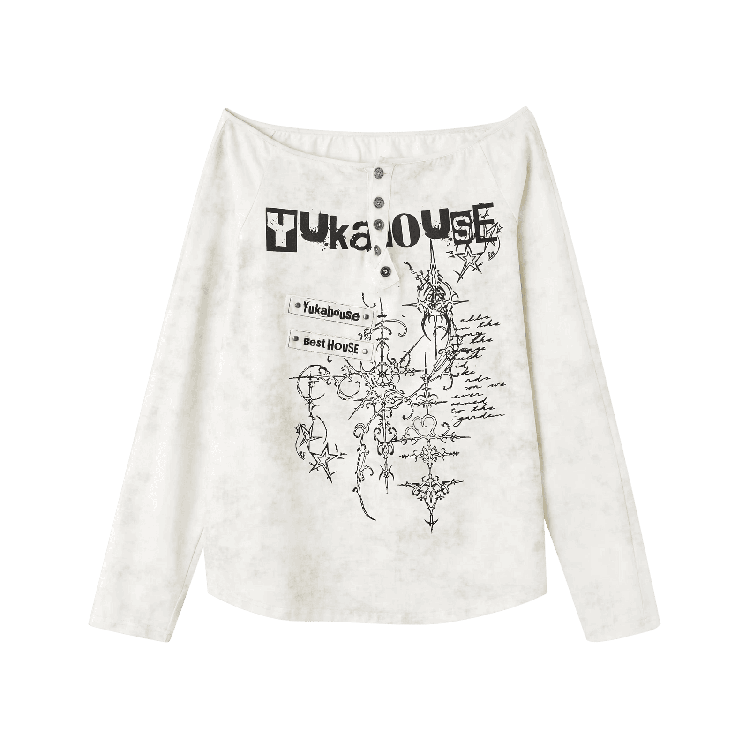 Apricot – Schulterfreies Baumwolltop mit grafischem Ausschnitt im Used-Look