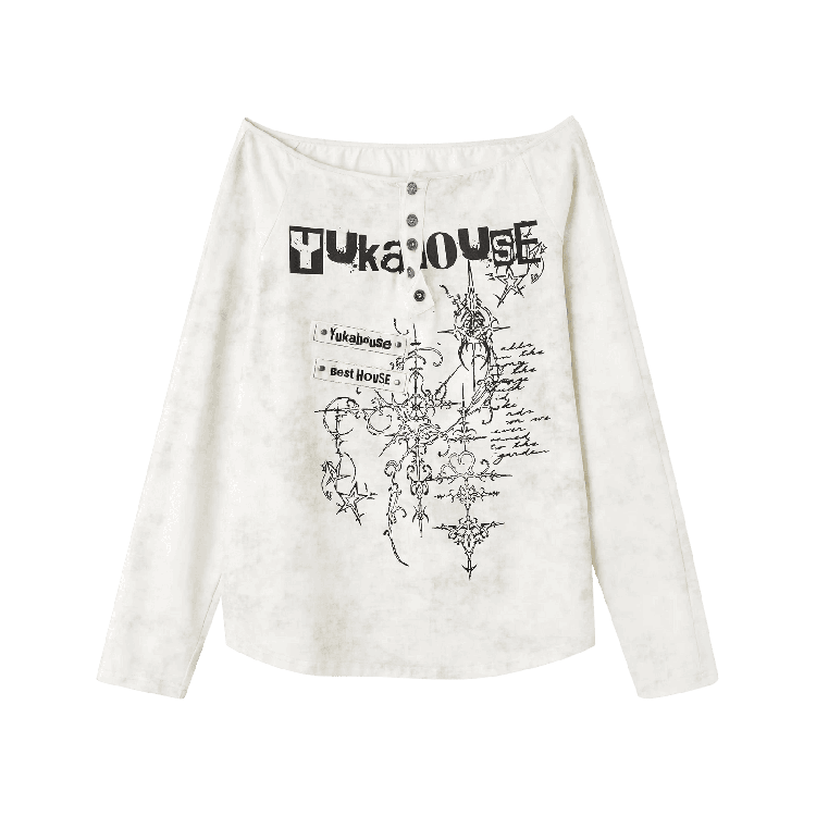 Apricot Off-the-shoulder Graphic Cotton Top Distressed Neckline