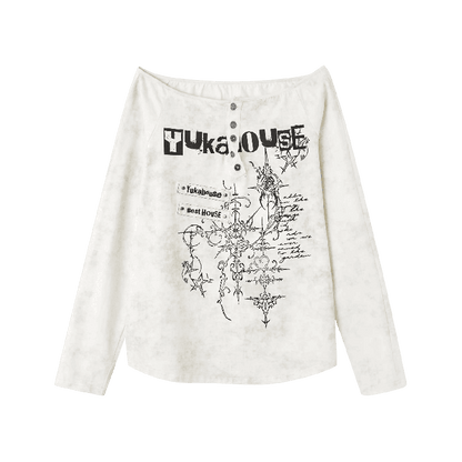 Apricot Off-the-shoulder Graphic Cotton Top Distressed Neckline