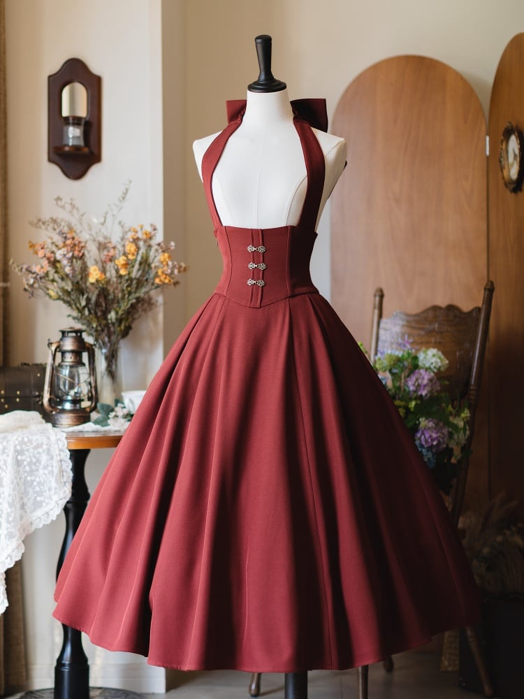 Roter langer Herbst-Vintage-Rock mit abnehmbarem Neckholder-Träger und hoher Taille