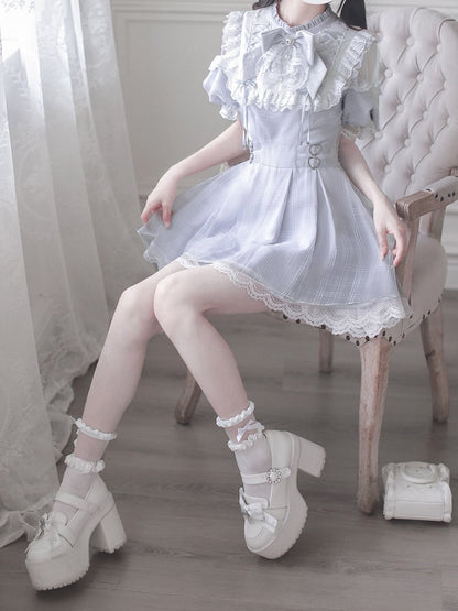 Shoulder Cutout Dress Dusty Blue Jirai Kei Plaid with