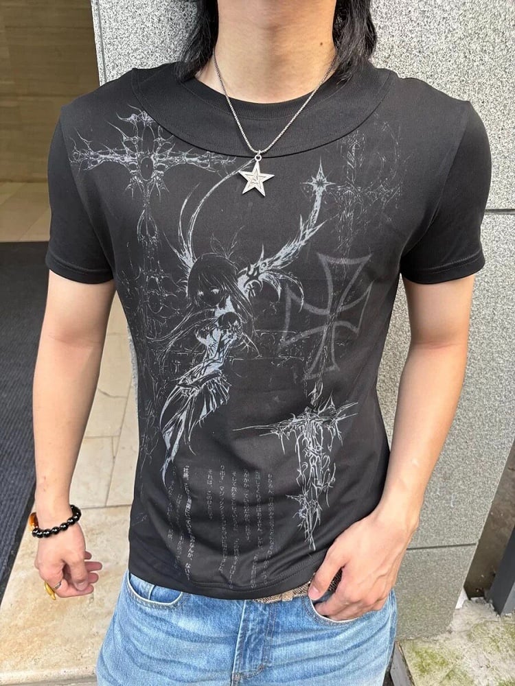 Edgy Genderless Black Double Collar Tee with Cross Graphic - DETW OnLine