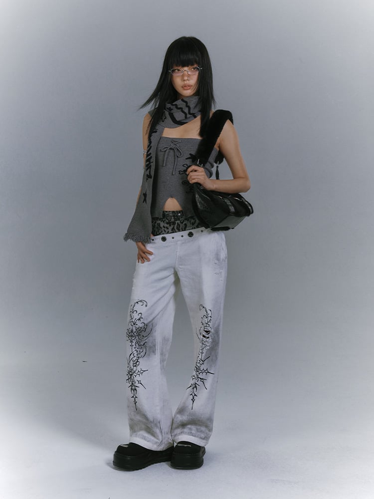 Skull + Punk Star Scarf Edgy Front Matching with Gray Slit Strapless Print Top