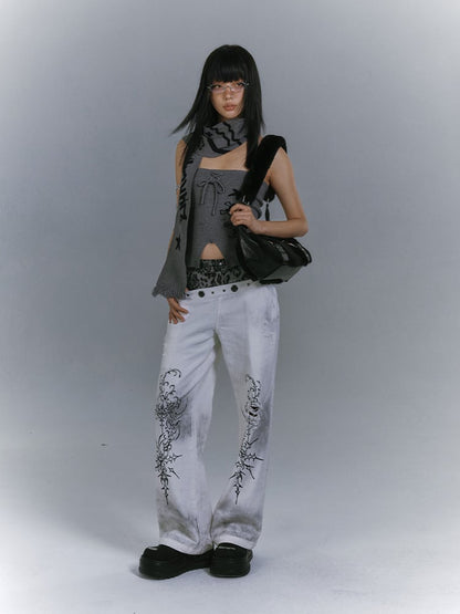 Skull + Punk Star Scarf Edgy Front Matching with Gray Slit Strapless Print Top
