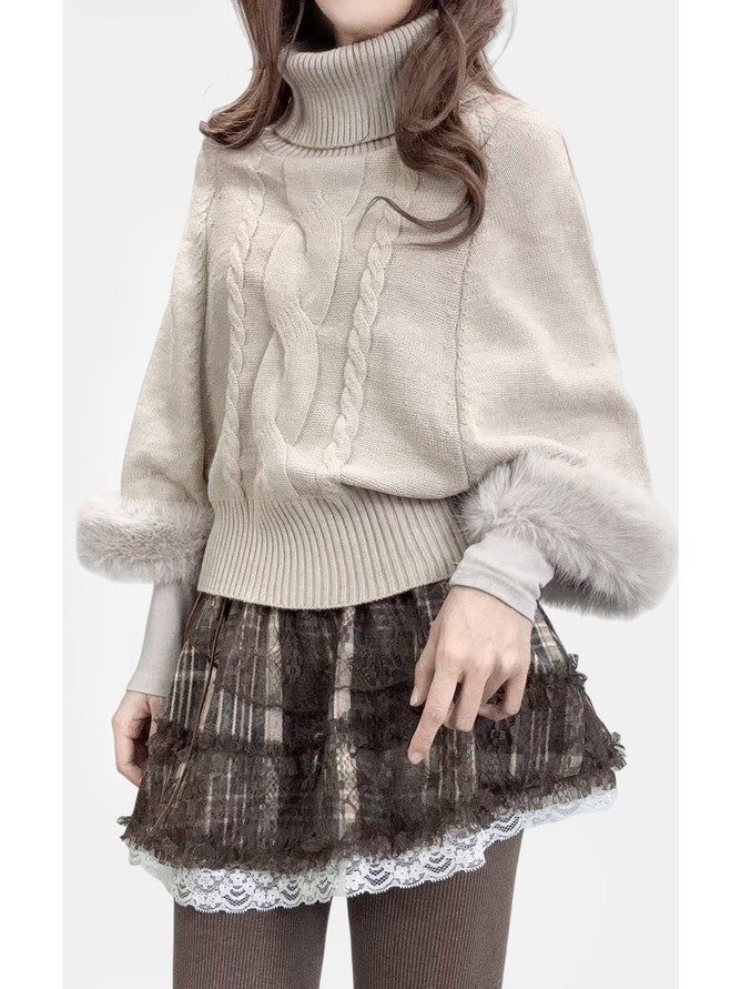 Batwing Sleeve Sweater Design Plush Neck Turtle - Cuff Beige