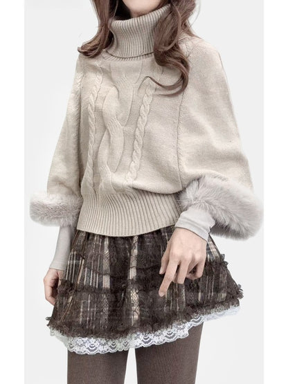 Batwing Sleeve Sweater Design Plush Neck Turtle - Cuff Beige