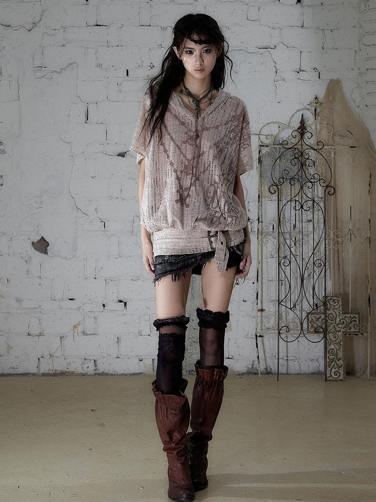 Dusty Pink Distressed Hooded Batwing Knit Top - NO ROMANCE