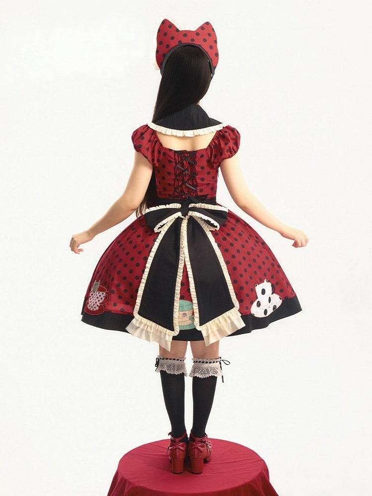 Polka Dot Red & Black Lolita Gown with Apron and Cat Motif - Rock Candy Box