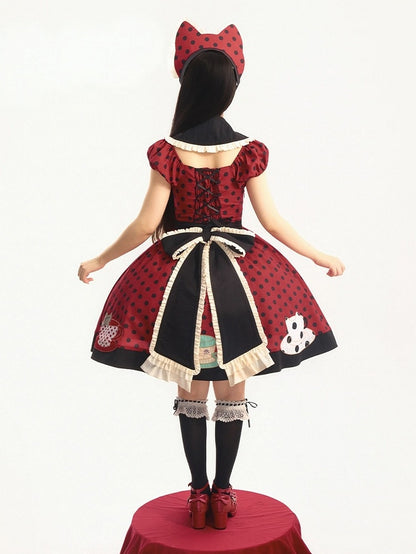 Polka Dot Red & Black Lolita Gown with Apron and Cat Motif - Rock Candy Box
