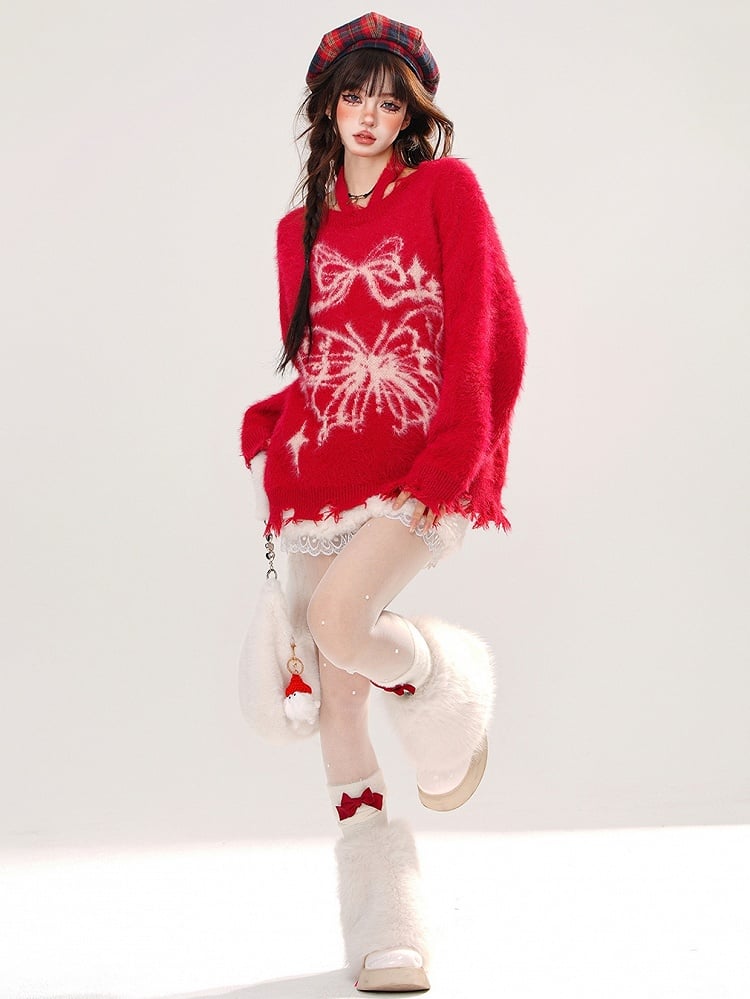 Rot/Grüne Schleife und Schmetterling Neckholder Mohair Weicher Pullover Distressed Trim