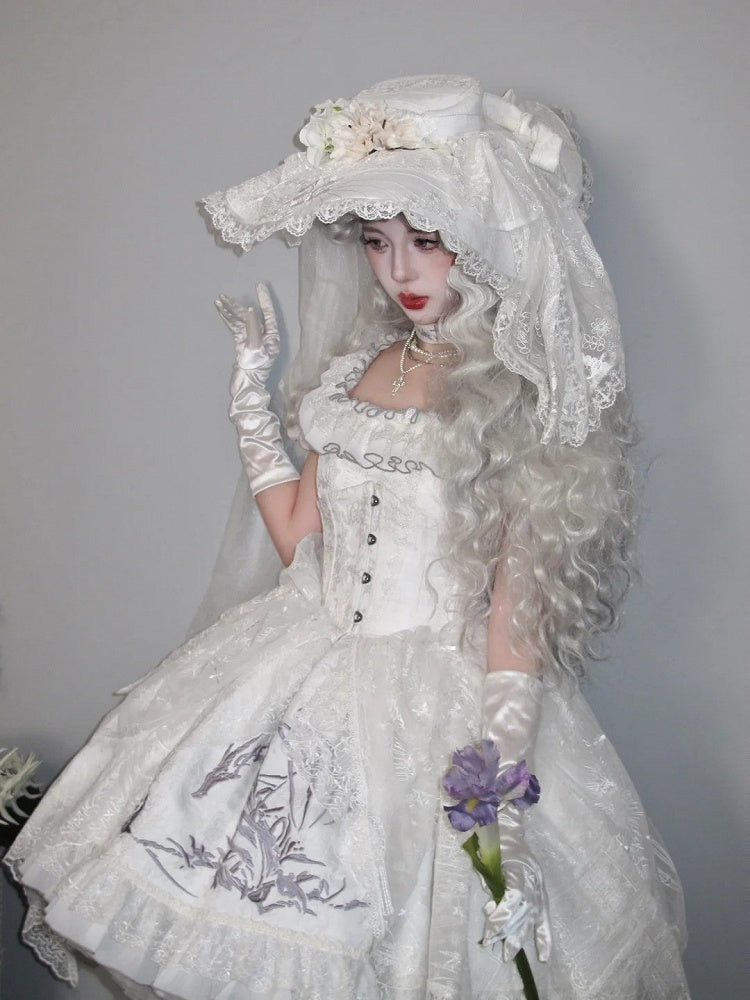 White Shiro Dragon Bone Embroidery High-low Skirt Dress Gothic Lolita OP with Cathedral Embroidery Overlay