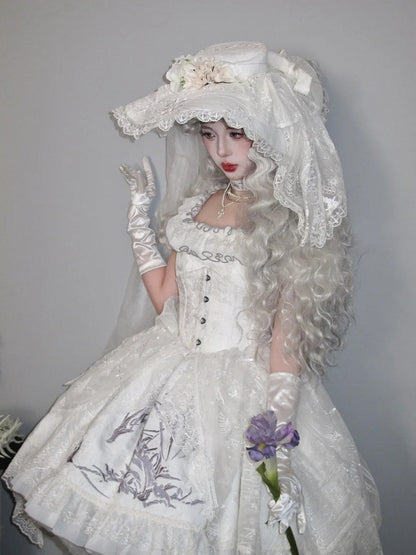 White Shiro Dragon Bone Embroidery High-low Skirt Dress Gothic Lolita OP with Cathedral Embroidery Overlay
