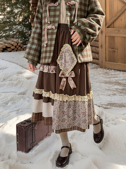 Brown Mori Kei High Waist Patchwork Skirt Lace Trim