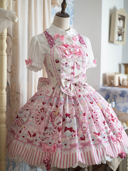 Cream Sweet Lolita Halter Neck JSK Dress with Cosmetics and Cat Print - Pastry Chef