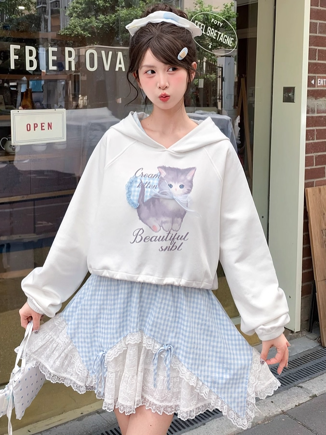 Print Drawstring Hem Blue Hoodie Plaid Adorable Cartoon Kitty Hood White