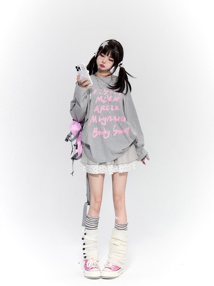 Print with Pink Knit Gray Top White Striped Waffle Bunny Letter Ears