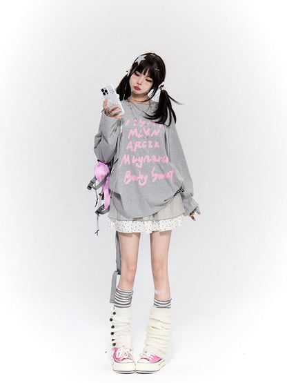 Print with Pink Knit Gray Top White Striped Waffle Bunny Letter Ears