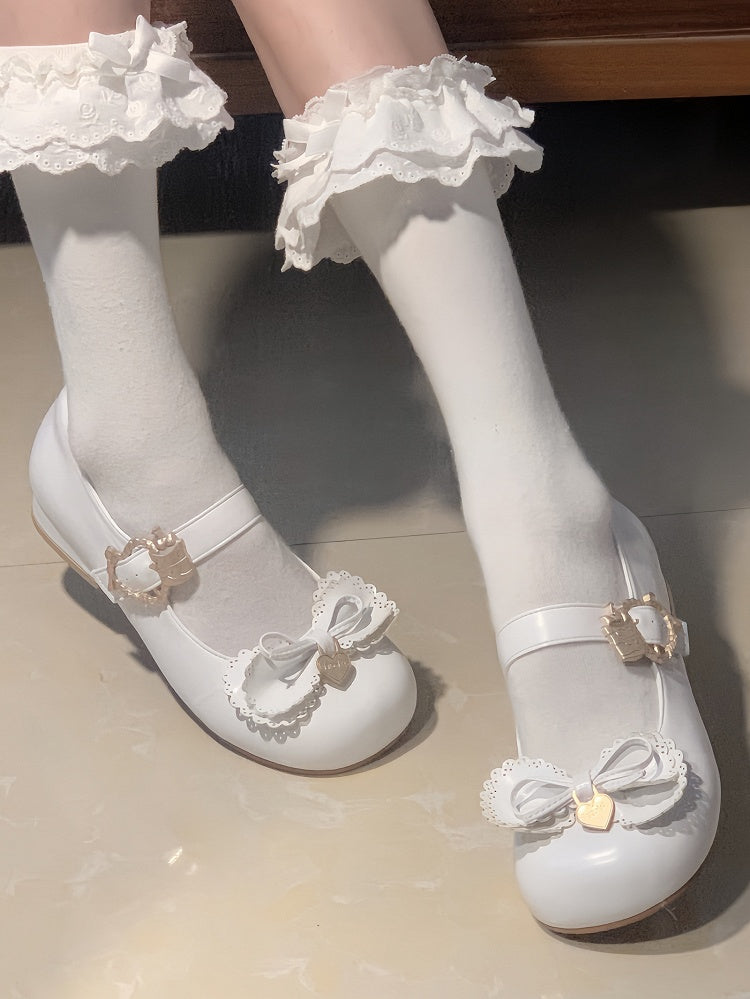 Cake White Buckle Heart Sweet Low-Heel Janes Lolita Multilayer Bow Top - Mary