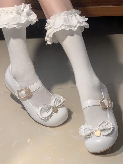 Cake White Buckle Heart Sweet Low-Heel Janes Lolita Multilayer Bow Top - Mary