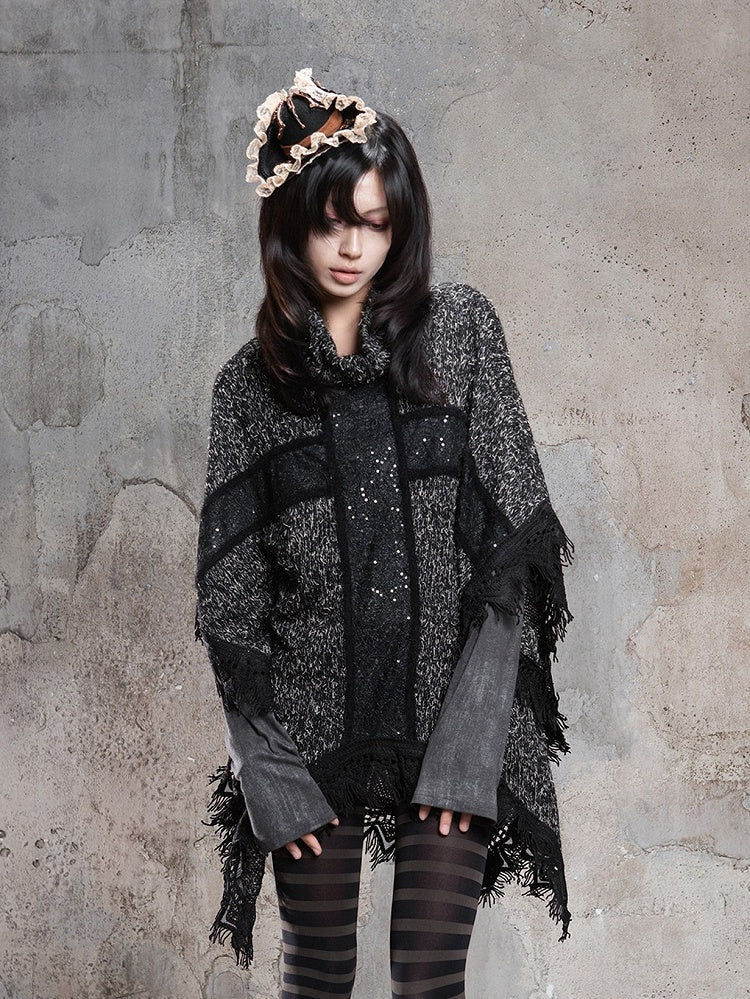 Cross Black Motif Raw Cape Punk and with Vintage Hem