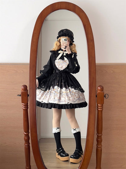 Sweet Print Ruffle White Sheep Angel Lolita with Black Skirt Hem