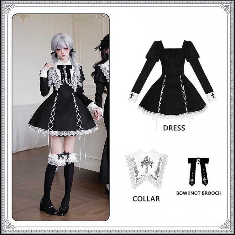Dress Collar Embroidered Square Neckline + Short White Lolita Black Brooch Bowknot