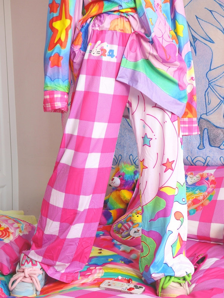 Y2K Print Star Colorful Pants Pattern Plaid Flare Silhouette