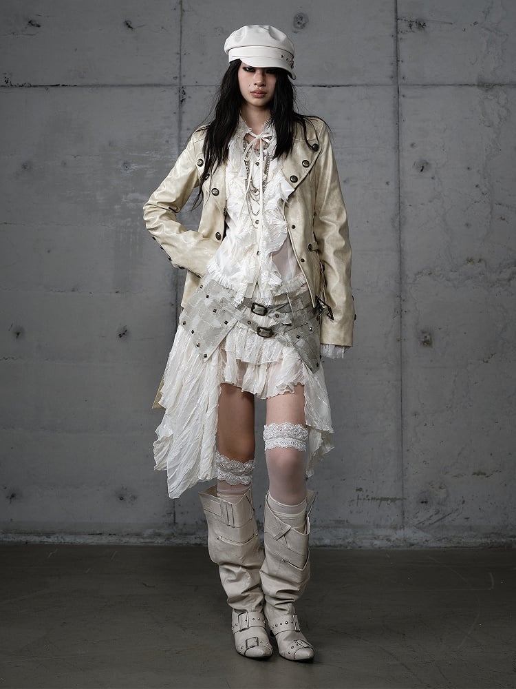 Asymmetrical Beige Punk Skirt with PU Studded Detail