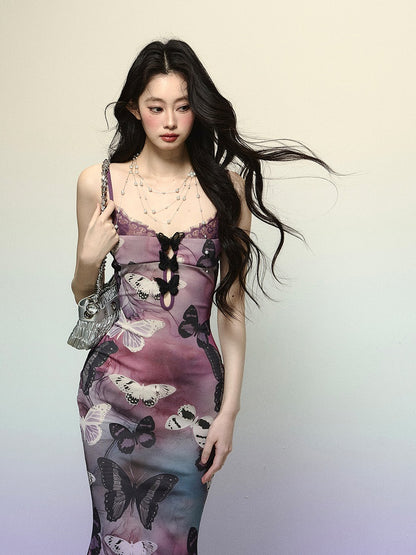 Purple Butterfly Print Cutout Detail Mermaid Skirt Slip Dress