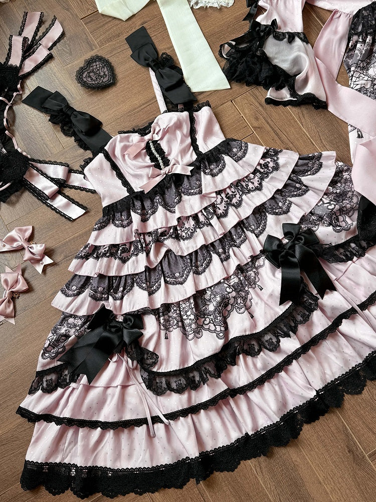 Black and Pink High-Waisted Tiered Ruffle Hem Jumper Skirt - Mademoiselle Pearl