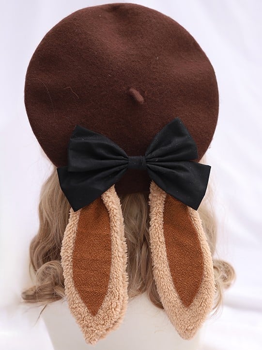 Sweet Bow Options With Bunny Color Coffee 6 Ear Detachable Lolita Beret