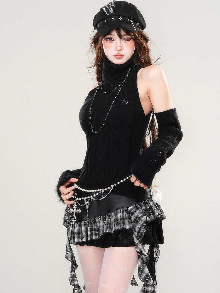 Black Turtle Neck Sleeveless Slim-fit Sweater with Detachable Sleeves