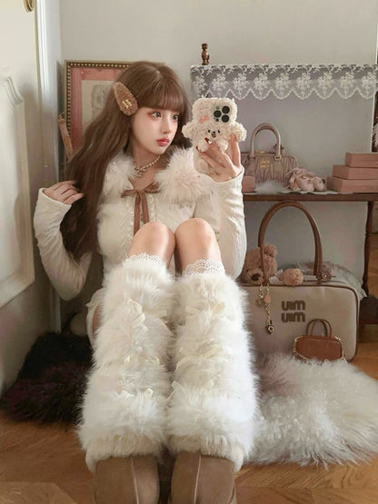 With Details Bow Elegant Fur White Faux Leg Warmers