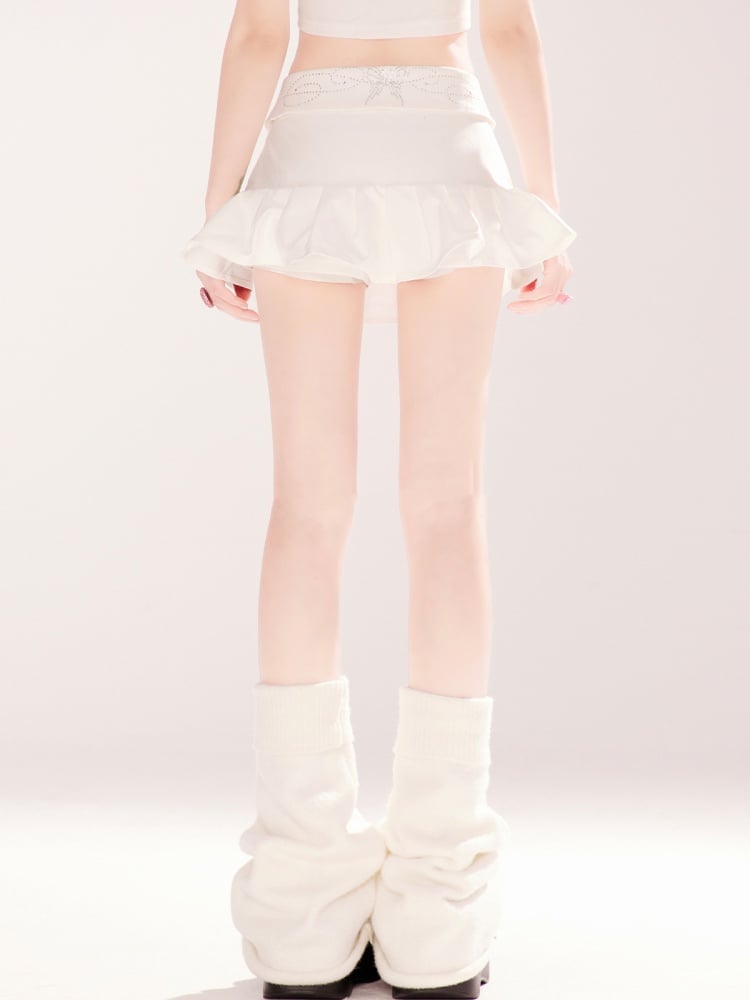 ミニスカート ラインストーン装飾 折り返しウエスト ホワイト