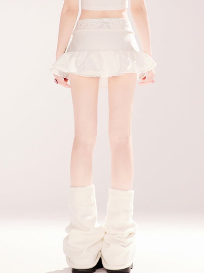 ミニスカート ラインストーン装飾 折り返しウエスト ホワイト