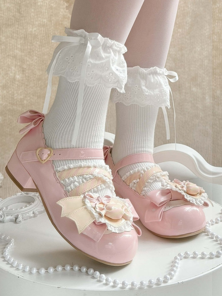 Bows Accents Pink Jane PU Light Mary Sweet Shoes with