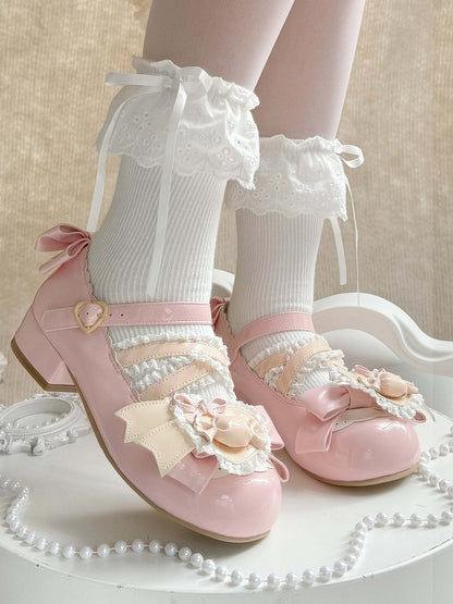 Bows Accents Pink Jane PU Light Mary Sweet Shoes with