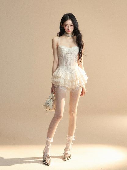 White Dress with Lace-up Detail at Front Skirt Mini Cami Puffy Tiered