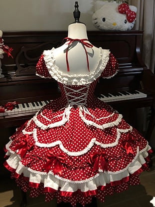 Ruffled Polka Dot Decorations Bow Dress OP Red Lolita Cute with