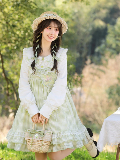 Green and White Plaid Ruffle Hem Overalls Mori Kei Dress