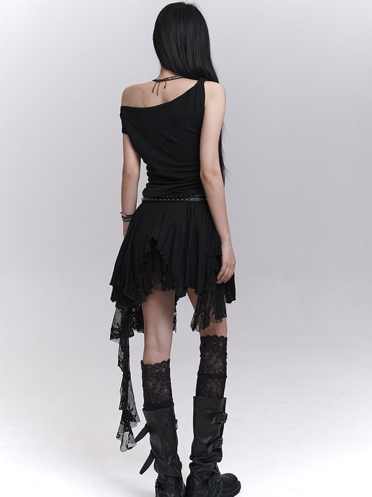 Patchwork Black Lace Cascading Ruffles Skirt