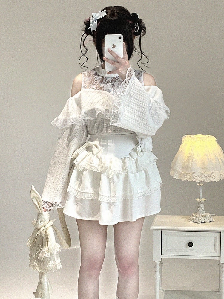 Bow Lace Shoulder Jirai Colors 3 Cutout Top Decor Kei