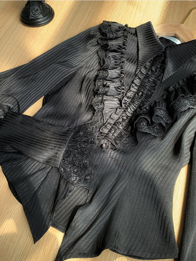 Collar Sleeves Lolita Black Shirt Gothic Pointed Long Foldover